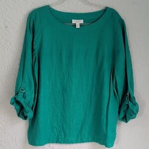Charter Club Luxury 100% LinenTeal Blouse with Roll-Up Sleeves